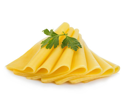 Slices of cheese with parsley close-up isolated on a white background.
