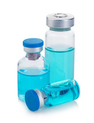 Vials with blue solution isolated on a white background.