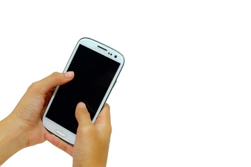 hand holding mobile smart phone over white background.