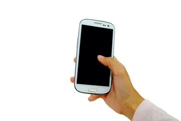 hand holding mobile smart phone over white background.