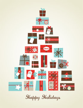 Christmas presents arranged as a seasonal tree