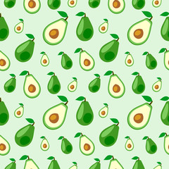 Fototapeta na wymiar Seamless vector pattern, fruits chaotic background with avocado, whole and half over light backdrop. Series of fruits and ingredients for cooking.