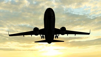 Modern Passenger airplane silhouette flight in sunset
