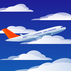 Flying plane in the sky with clouds. Vector illustration.