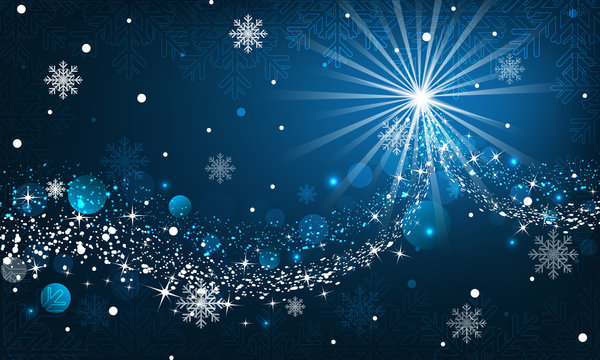 Abstract winter background. Snowfall, sparkle, snowflakes on a blue dark background.