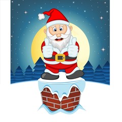 Santa Claus, Snow, Chimney And Full Moon At Night For Your Design Vector Illustration