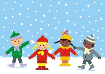 Children and snowballs. Winter fun. In the background is the sky and falling flakes.