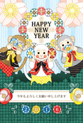 2016年申年完成年賀状テンプレート「花三猿」HAPPYNEWYEAR