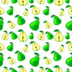 Seamless vector pattern, bright fruits chaotic background with pears, whole and half over light backdrop. Series of fruits and ingredients for cooking.