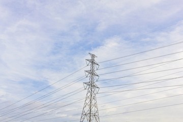 High-voltage power transmission tower. electricity transmission against blue sky