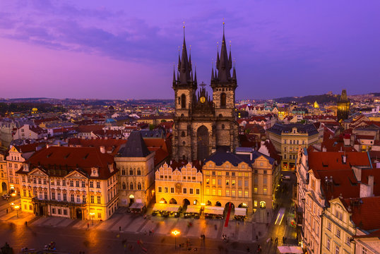 Sunset view of Old Town Square in Prague. Czech Republic