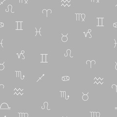 Grey zodiac signs seamless pattern background