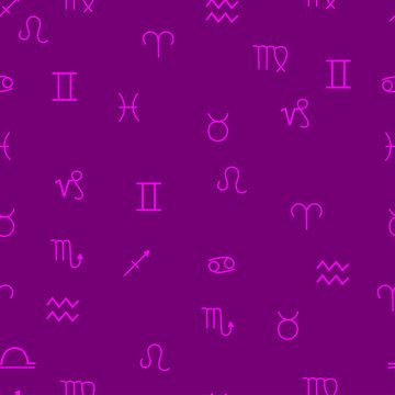Zodiac signs seamless pattern on pink background
