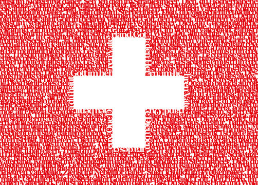 Typography flag of Switzerland whith text of national anthem on four languages