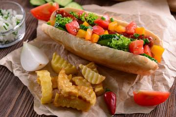 Hot dogs and vegetables on craft paper closeup