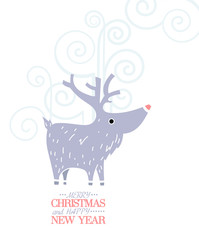 Cute grey deer. New Year, Christmas Holiday greeting Card, banner design template. Vector illustration