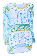 Warm  sweater with deer.  Blue and yellow  colors. Winter watercolor illustration, isolated on white background.