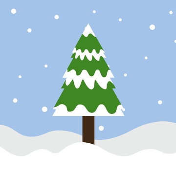 Christmas tree on the snow hill, flat minimal design vector illustration.