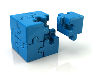 Blue 3d puzzle cube with a missing piece