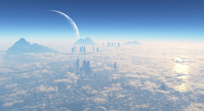 ciudad futurista desde el cielo