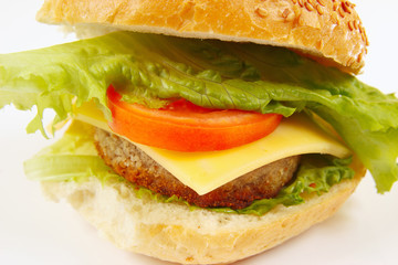 Big flavorful sandwich with cheese and chop on a white background
