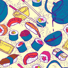 Seamless texture. Japanese food. Sushi. 