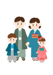 着物を着た家族のイラスト: 日本のお正月イメージ