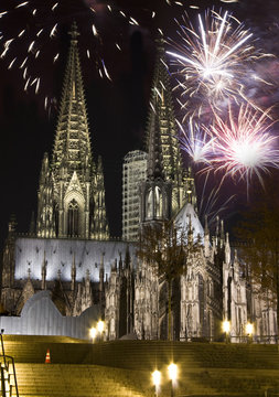 Fireworks at Cologne Cathedral, Cologne, Germany