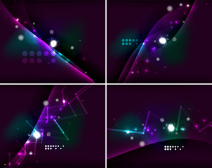 Set of abstract backgrounds with copyspace. Glowing color neon light in dark space