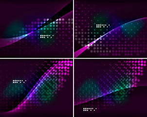 Set of abstract backgrounds with copyspace. Glowing color neon light in dark space