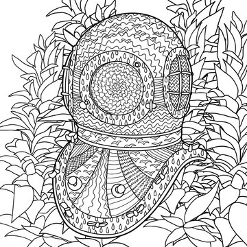 Divers helmet in coloring pages for adults.