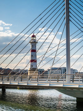 Bridge and old lighthouse in the center of Malmo city, Sweden