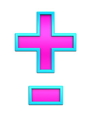 Obraz premium Hyphen, minus, plus marks from pink glass with blue frame alphabet set, isolated on white. Computer generated 3D photo rendering.