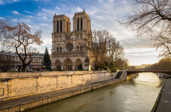 Fototapeta Morning view of Notre Dame de Paris Cathedral on Ile de la Cite. The Seine River and the Cathedral are seen in soft winter light. Paris, 4th arrondissement, France.