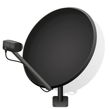 Black satellite dish to receive signals for television, radio, internet. Isolated vector illustration over white background.