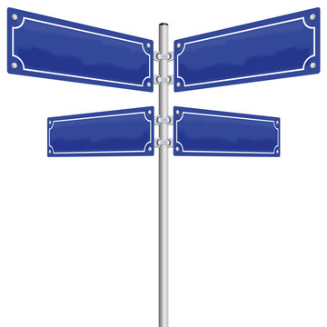 Street signs - four blank, glossy blue metal panels showing in four different directions. Illustration on white background.