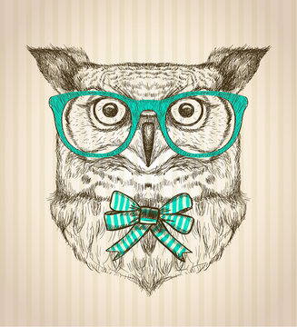 Cute card with hand drawn hipster owl dressed in green glasses.