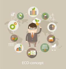 Eco concept. Globe with earth, nature, green, recycling, bicycle, car and home icon with scientists from eco ideas of saving the planet . Vector illustration.