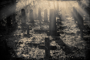 Old abandoned graveyard at last sunset rays, monochromatic.