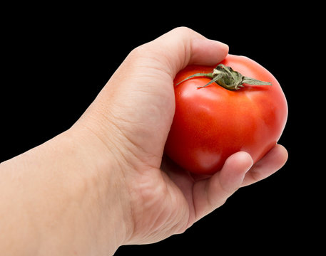 tomato in hand on a black background