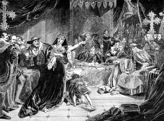 An engraved vintage illustration image of the trial of Catherine Of Aragon, queen of England, UK,...