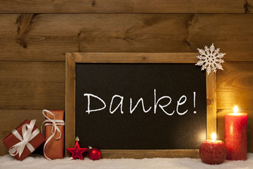 Fototapeta na wymiar Festive Christmas Card, Blackboard, Snow, Danke Mean Thank You