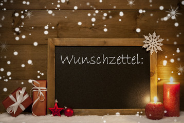 Fototapeta na wymiar Christmas Card, Blackboard, Snowflakes, Wunschzettel, Wish List