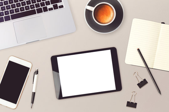 Business website header design with digital tablet, smartphone and laptop computer. View from above
