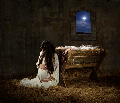 Pregnant Mary Leaning on Manger