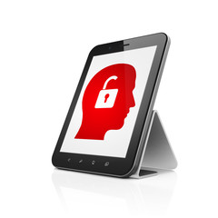 Business concept: Tablet Computer with Head With Padlock on display