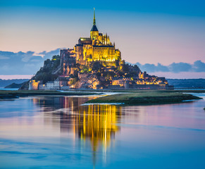 Mont Saint-Michel in twilight at dusk, Normandy, France