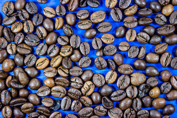 Coffee beans isolated on blue wooden background