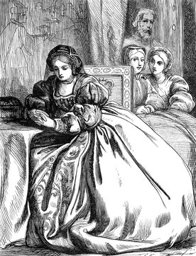 An engraved vintage illustration image of Anne Boleyn, queen of England, UK, in the Tower of London, from a Victorian book dated 1868 that is no longer in copyright