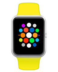 Smart watch with yellow wrist and apps on display
